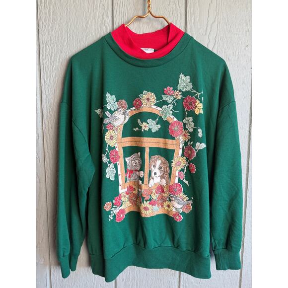 Vintage 90s Basic Editions Green Cat Dog Sweatshirt XL Holiday Cottagecore - Picture 1 of 6